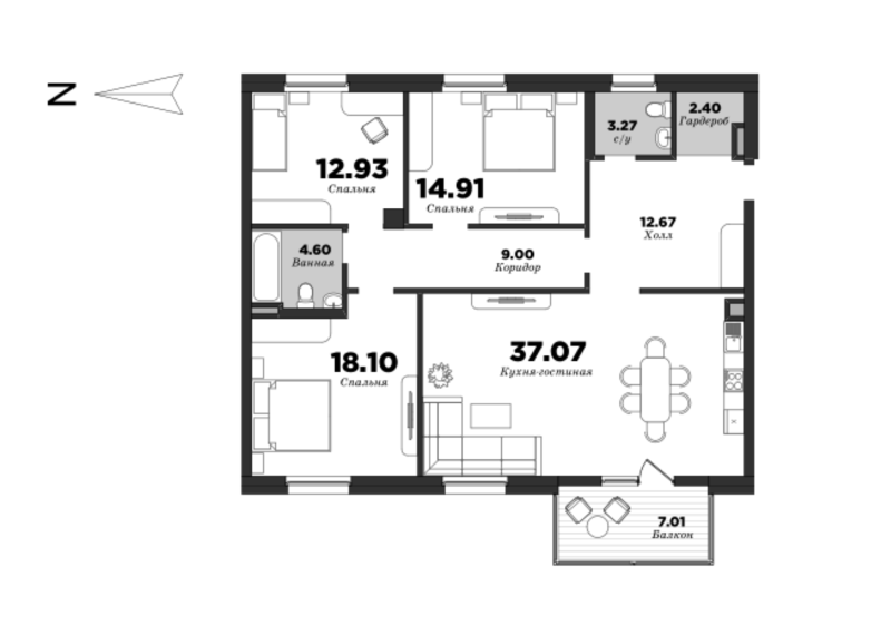 NEVA HAUS, Корпус 1, 3 спальни, 118.46 м² | планировка элитных квартир Санкт-Петербурга | М16
